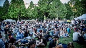 Photo showing a lot of people sitting in the green grass during a festival in the heart of Budapest