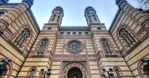 The main entrance of the Dohány street Synagogue which has a Moorish style that features a mixture of Byzantine, Romantic and Gothic elements as well