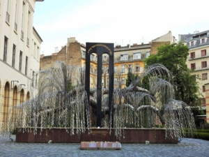 The weeping willow tree of the Raoul Wallenberg Holocaust Memorial Park next to the Dohány street Synagogue in the Jewish quarter of Budapest