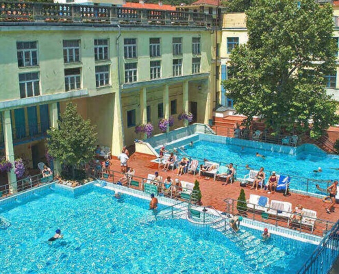 The building and some of the pools of the Lukacs thermal bath in Budapest